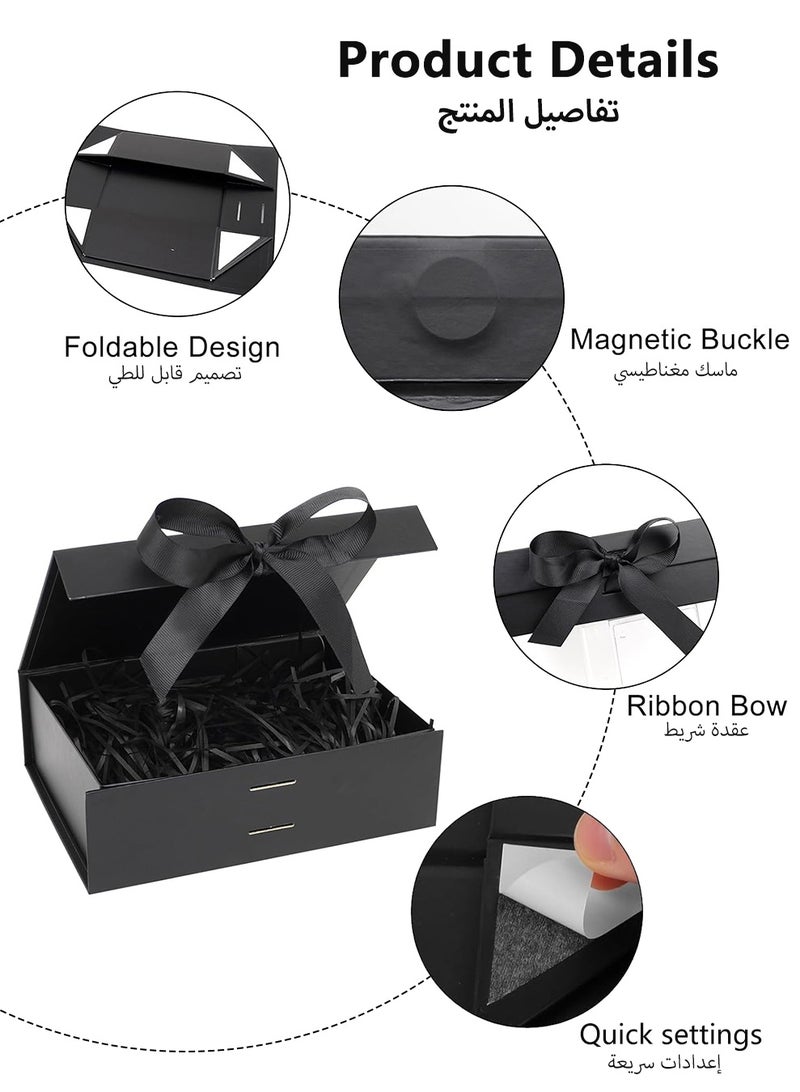 صندوق هدايا أسود فاخر مغناطيسي قابل للطي (29×22×10.5 سم) – مع حقيبة هدايا، شريط، رافيا وبطاقة تهنئة، مثالي لأعياد الميلاد والزفاف وعيد الحب والكريسماس - Image 5